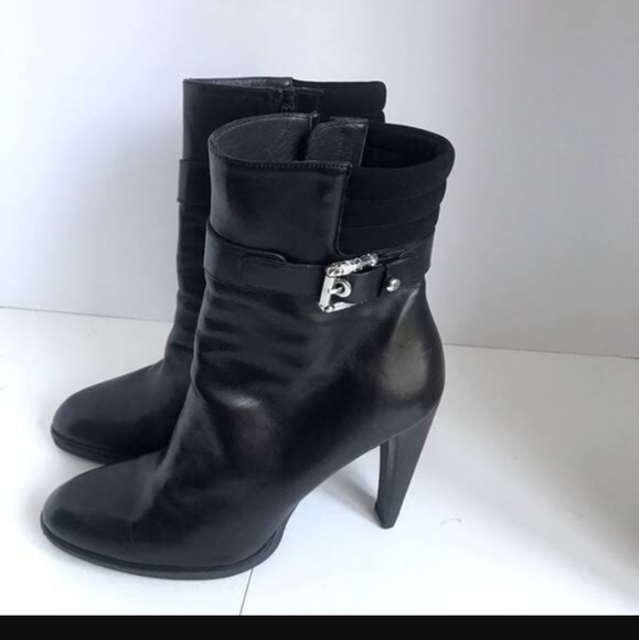 NEW Stuart Weitzman Buckeroo Black Leather Buckle Trim High Heeled Boots Sz 8.5 - Picture 2 of 3